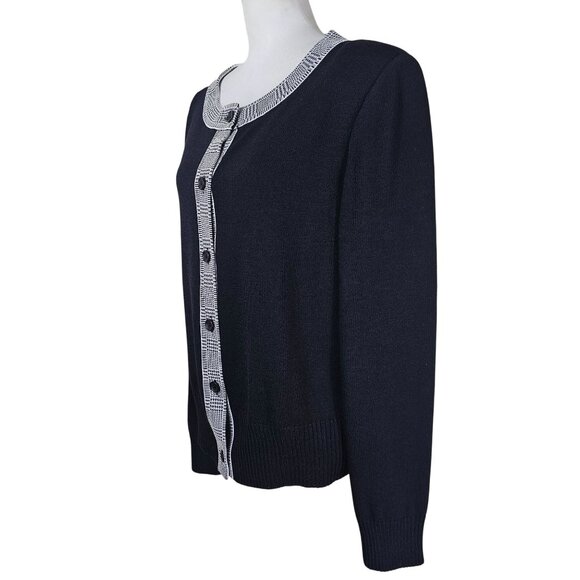 St. John Santana Knit Black Cardigan Sweater L Houndstooth Shimmer Trim Formal - Picture 2 of 12